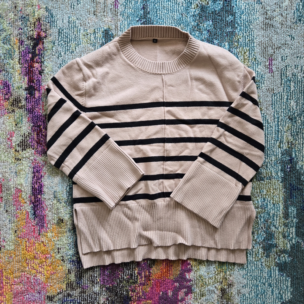 Beige and Black Striped Crewneck Sweater With Side Slits & Front Seam